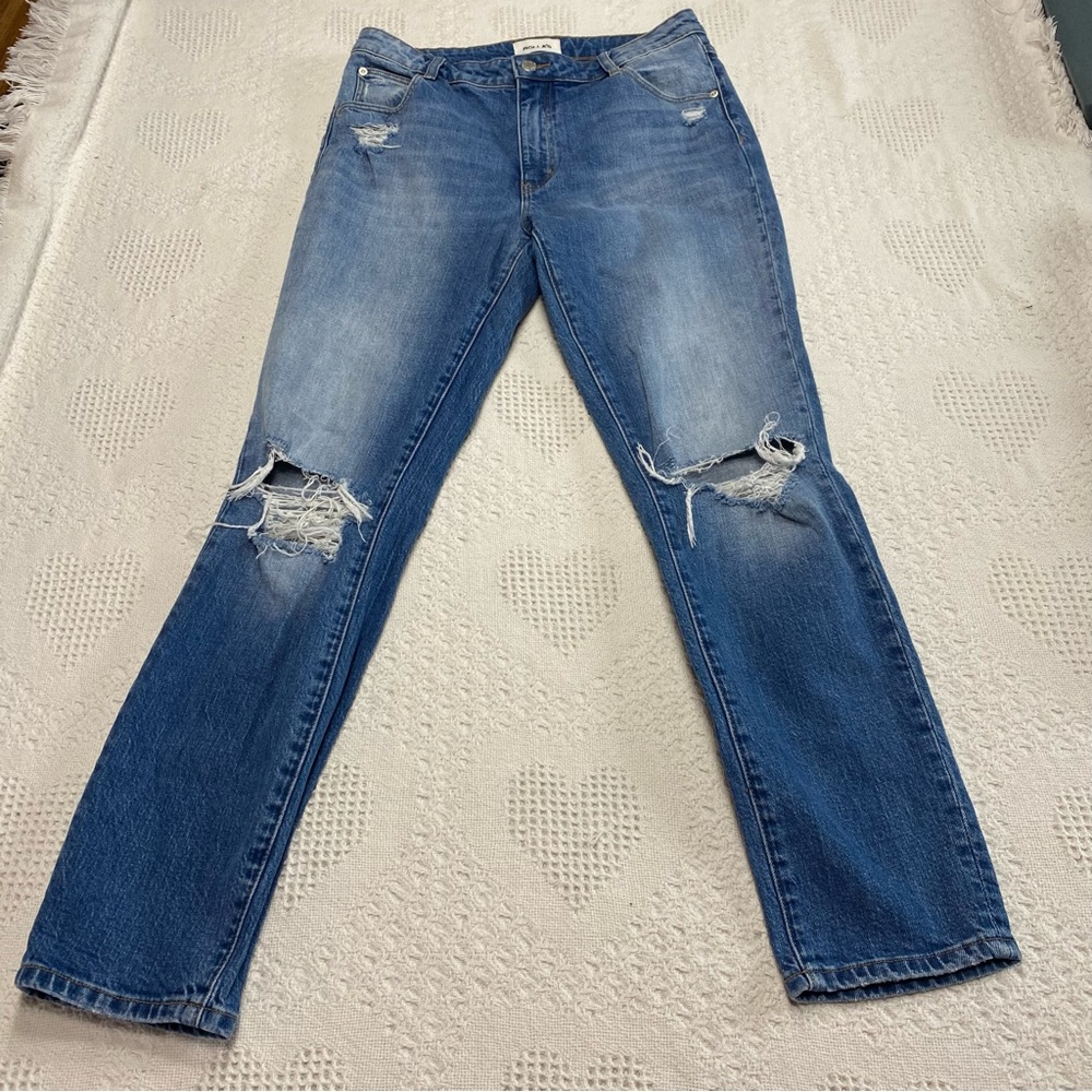 Rolla’s Distressed Mid-High Rise Slim Jeans (see measurements)